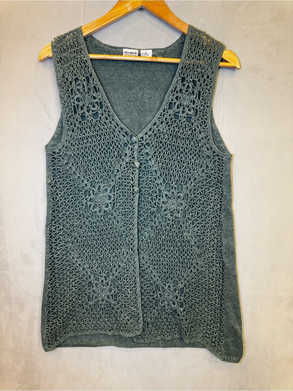 Sostanza Crochet Vest L Sage Green Ramie Cotton Floral Boho Grannycore